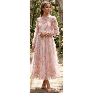 Lena Pink Floral Tulle Midi Dress Ruffle Mesh Long Sleeve Garden Party XS Fairy
